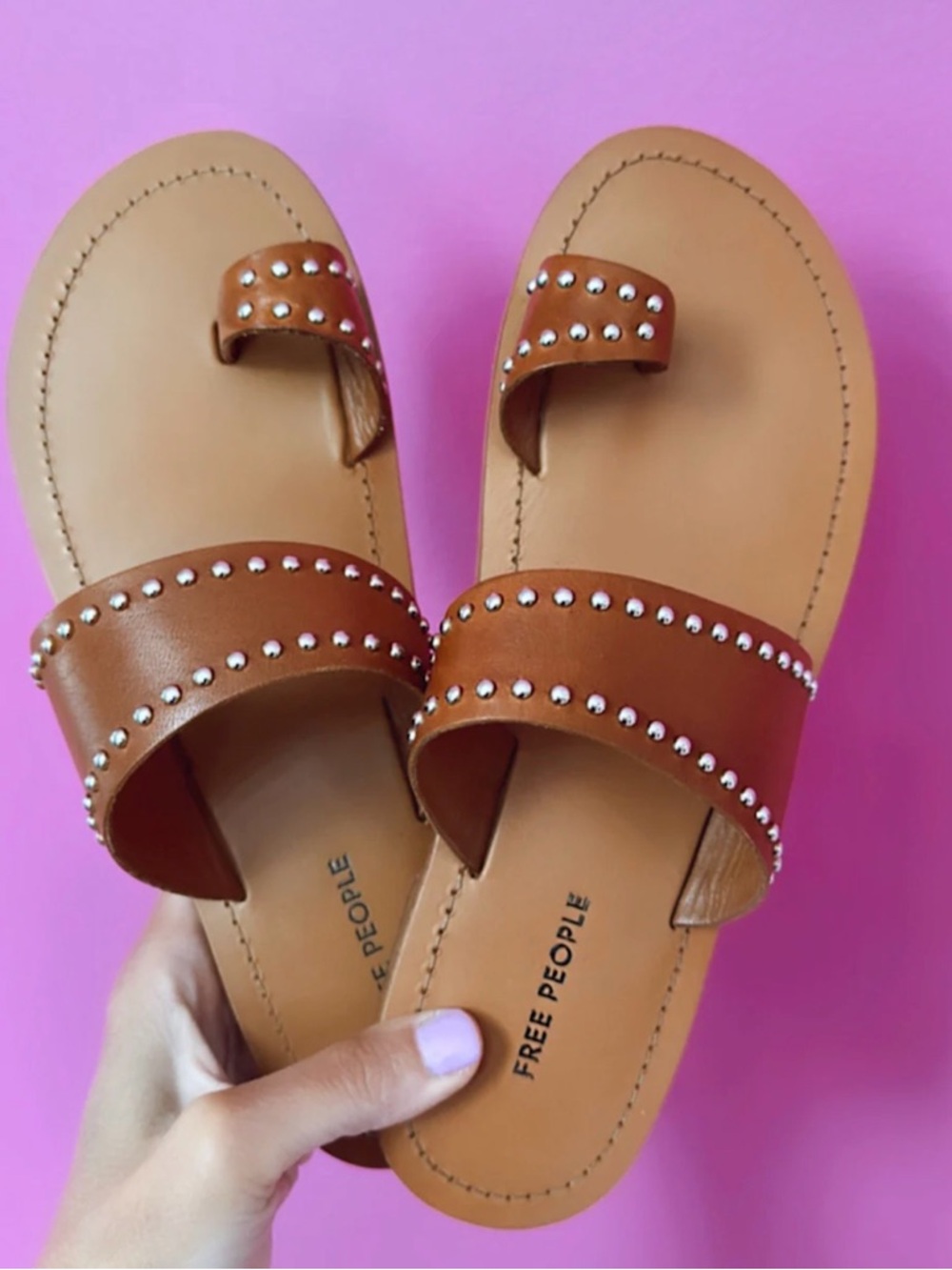 Free People Brown Leather Studded Toe-Ring Sandals New in Box Size 7.5